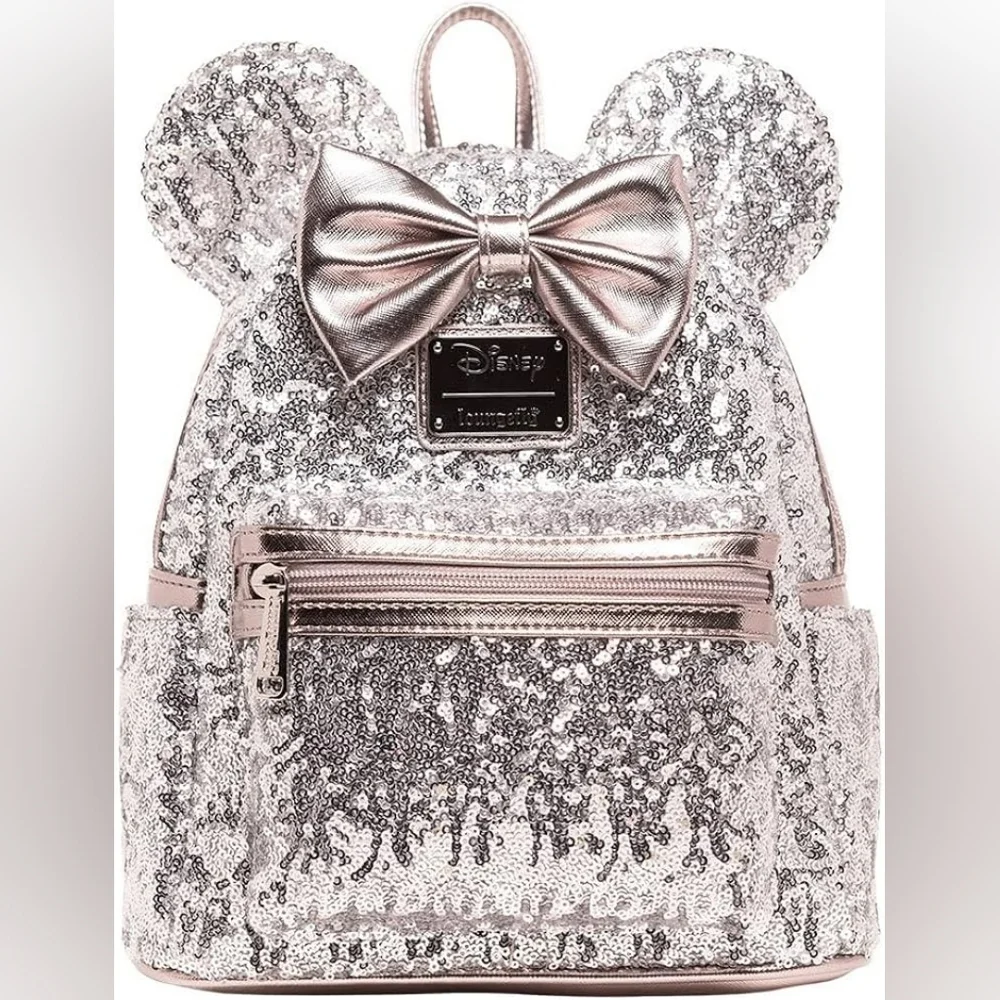 Loungefly Disney Silver Sequin Minnie Backpack NWT - Picture 1 of 7